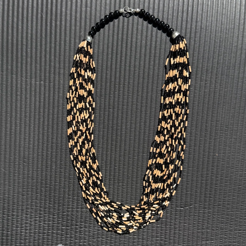 Black and Beige Multi-Strand Beaded Statement Necklace